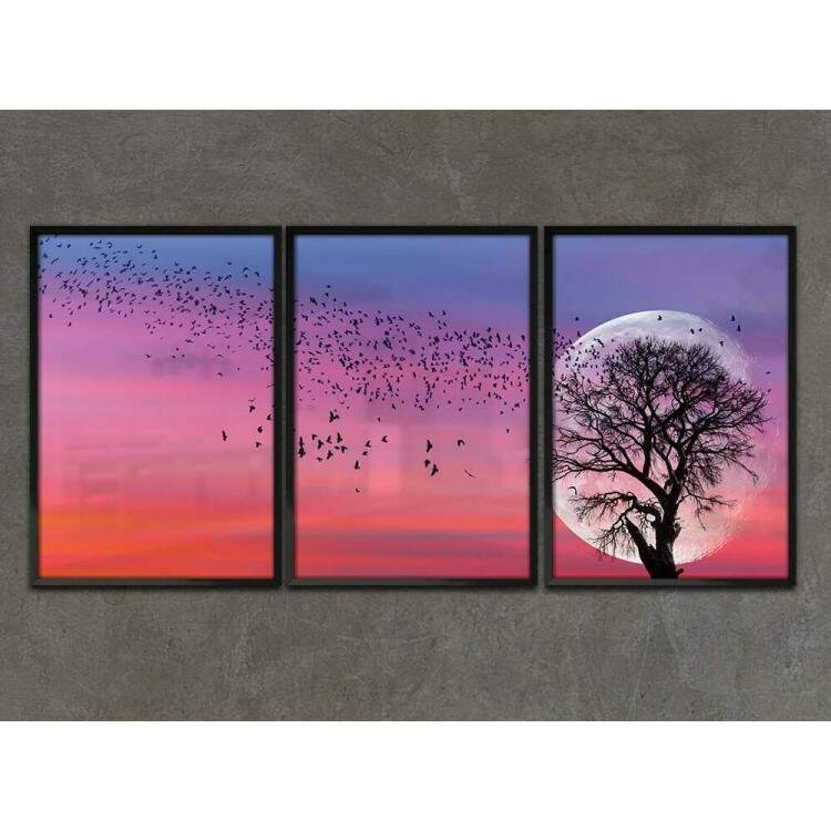 Kit 3 Quadros Decorativos Lua no Por do Sol com Pssaros Mod 02