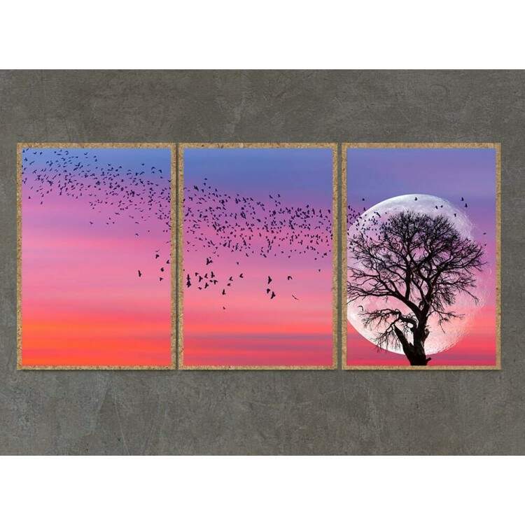 Kit 3 Quadros Decorativos Lua no Por do Sol com Pssaros Mod 02