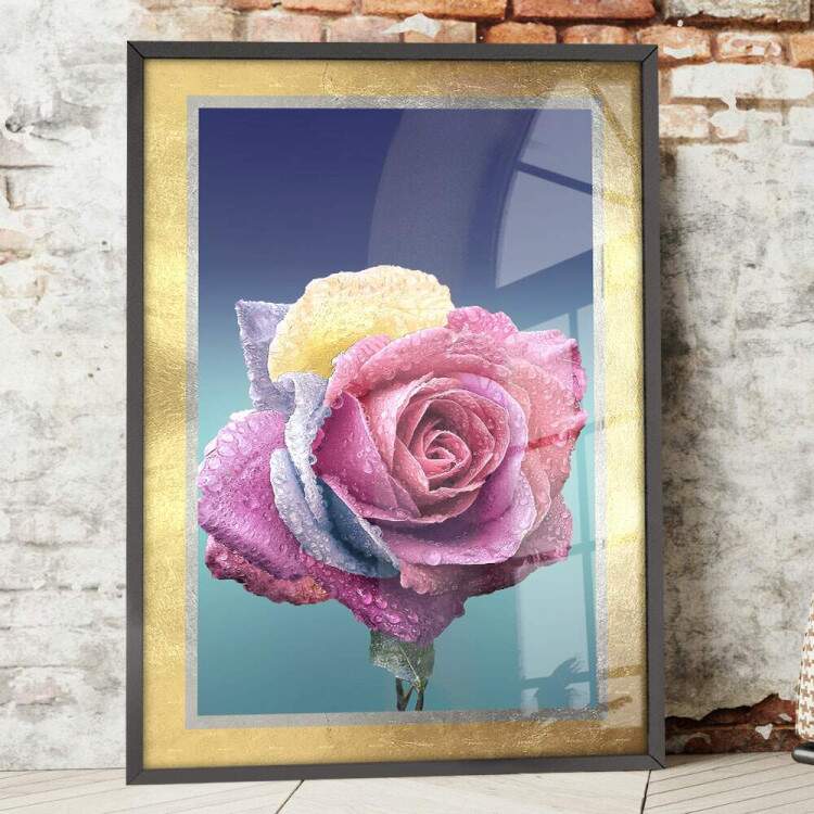 Quadro Decorativo Flor Rosa com Borda Dourada