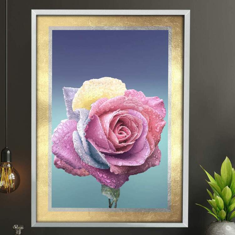 Quadro Decorativo Flor Rosa com Borda Dourada