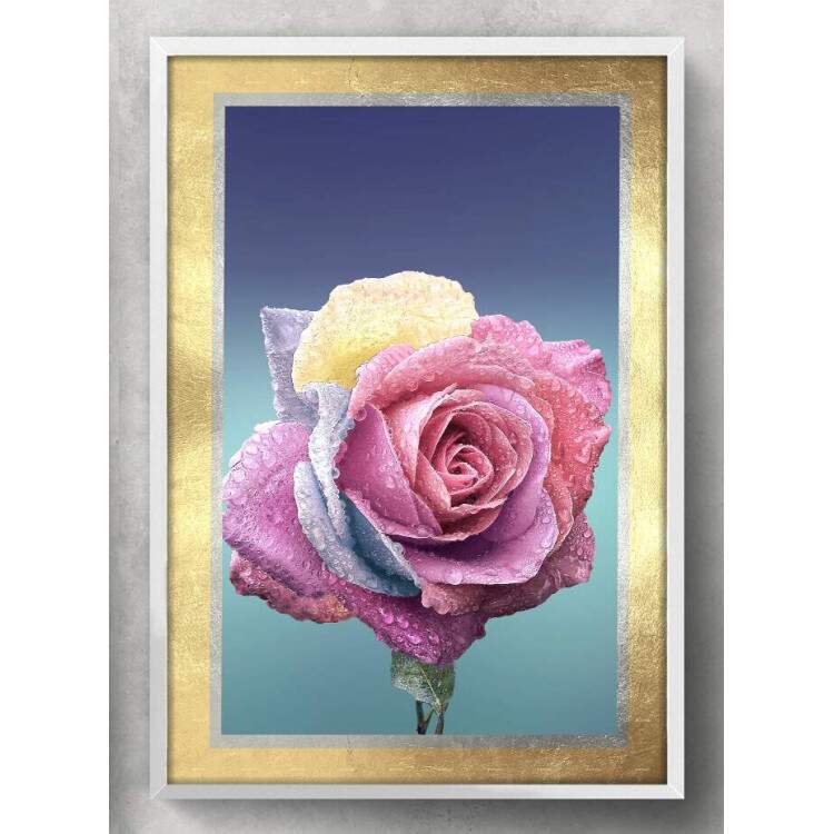 Quadro Decorativo Flor Rosa com Borda Dourada