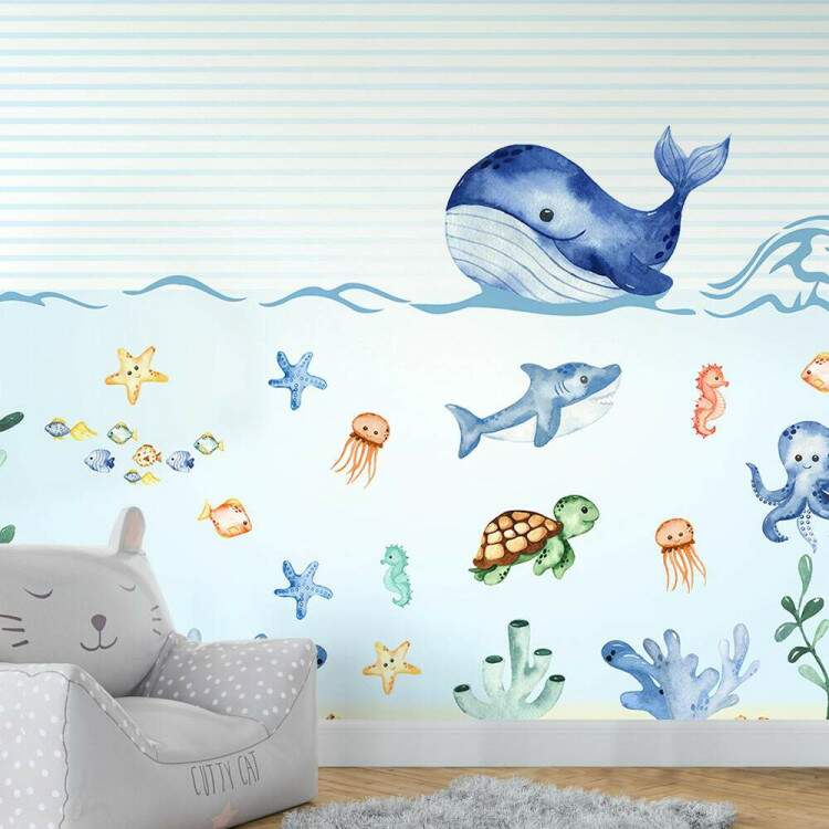 Papel de Parede Paisagem Fundo do Mar Desenho de Baleia MP