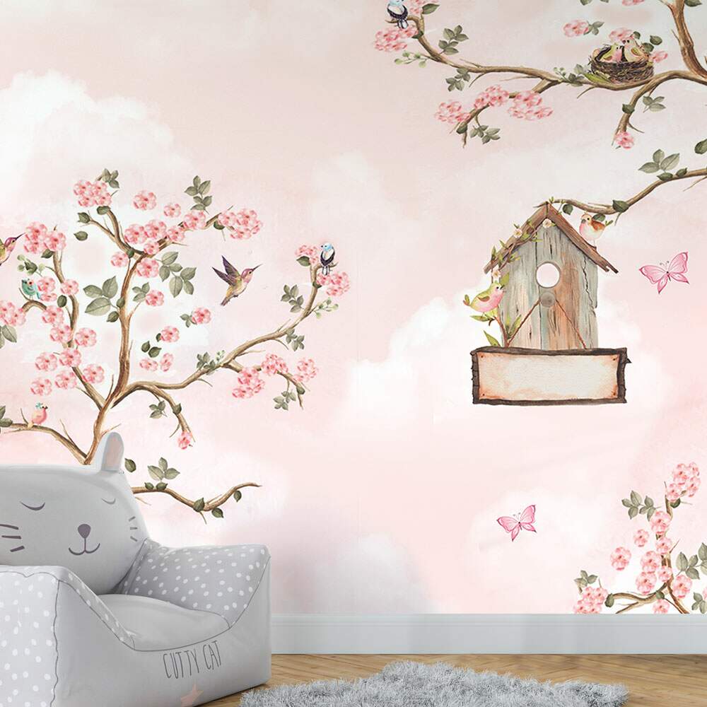 Papel de Parede Casa de Passarinhos e Galhos com Flores MP