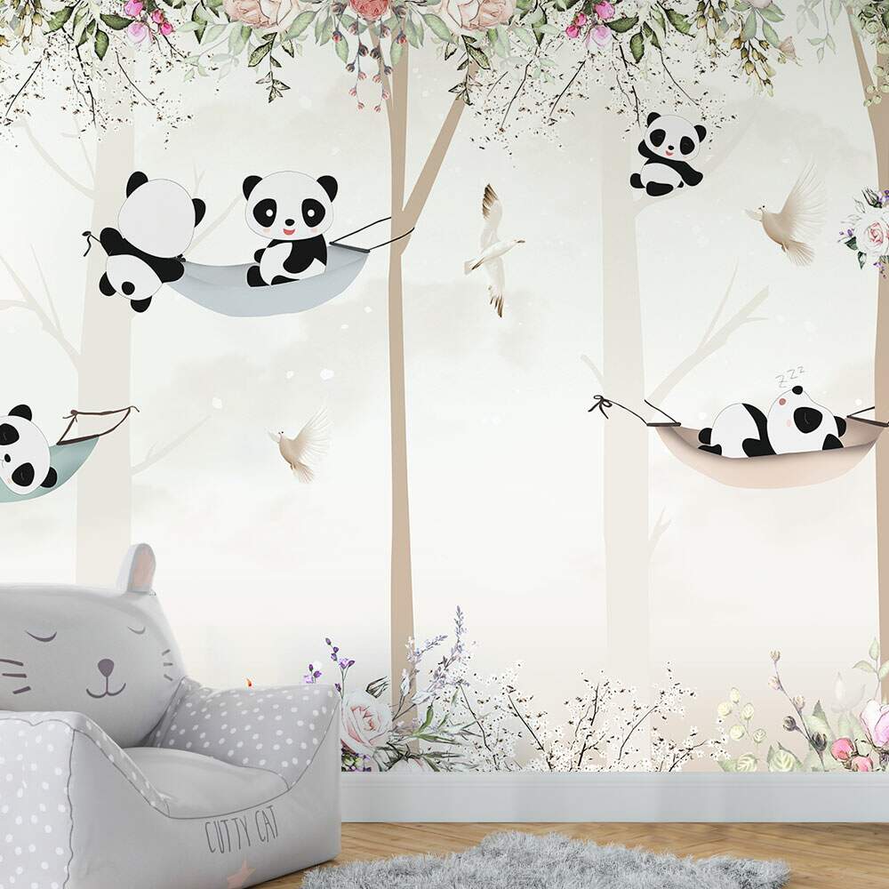 Papel de Parede Panda na Rede com Flores MP
