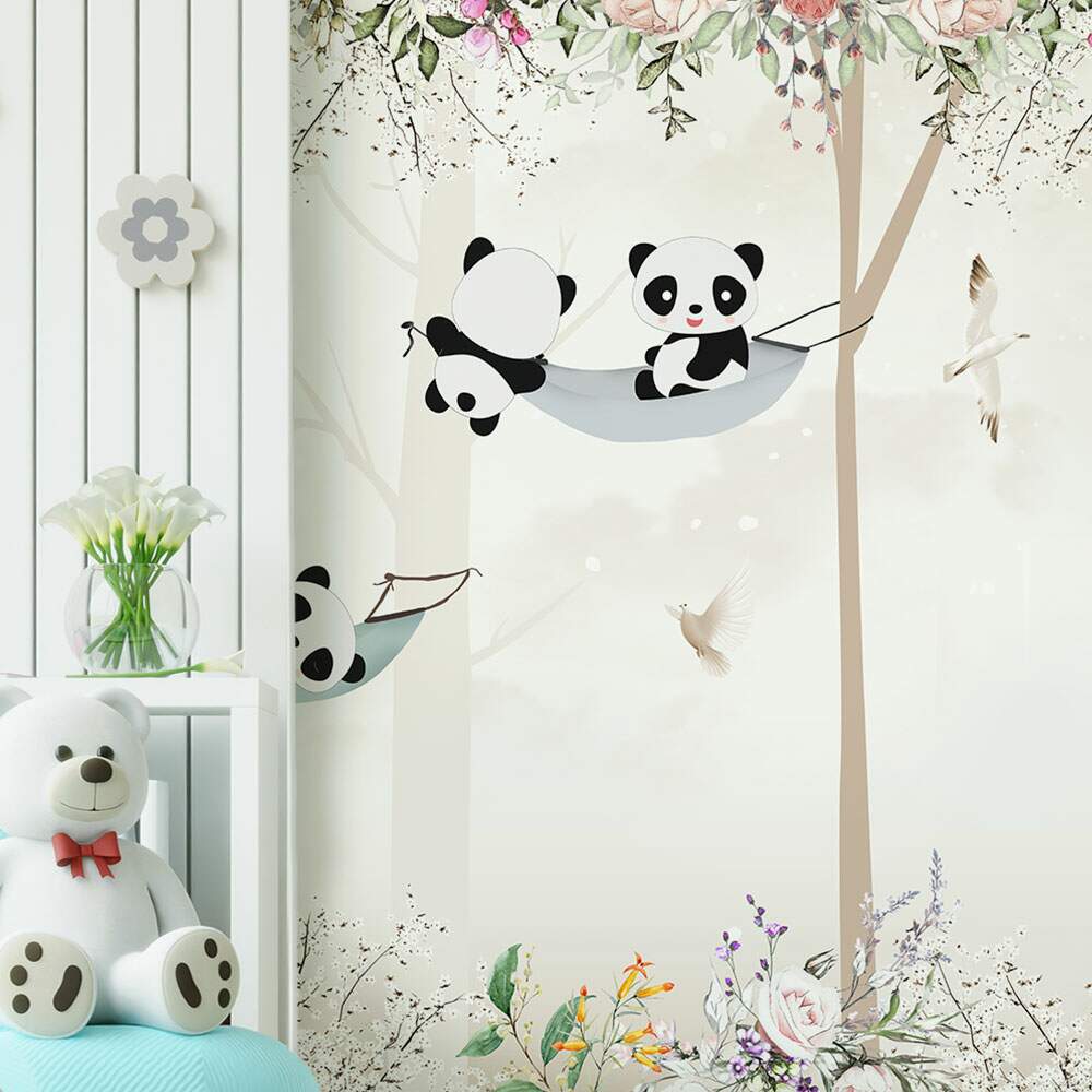 Papel de Parede Panda na Rede com Flores MP