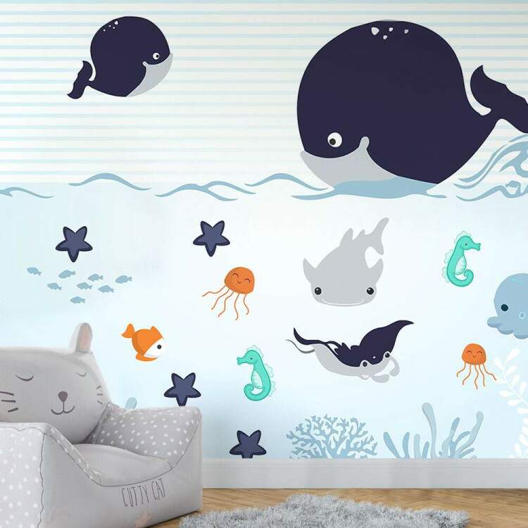 Papel de Parede Desenho de Baleia Fundo do Mar MP