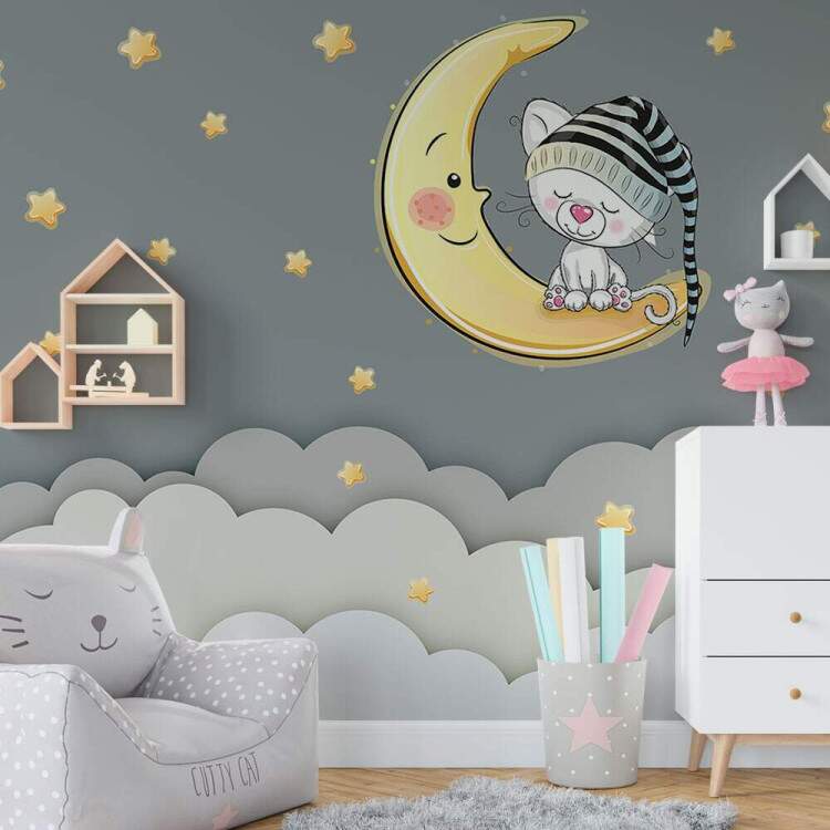 Foto Mural Gatinho na Lua Nuvens e Estrelas