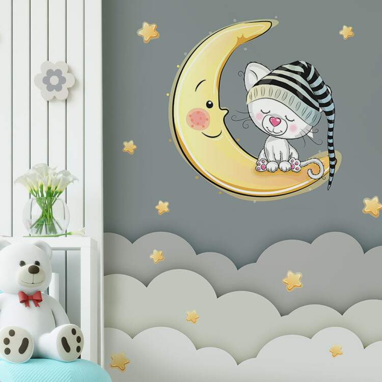 Foto Mural Gatinho na Lua Nuvens e Estrelas