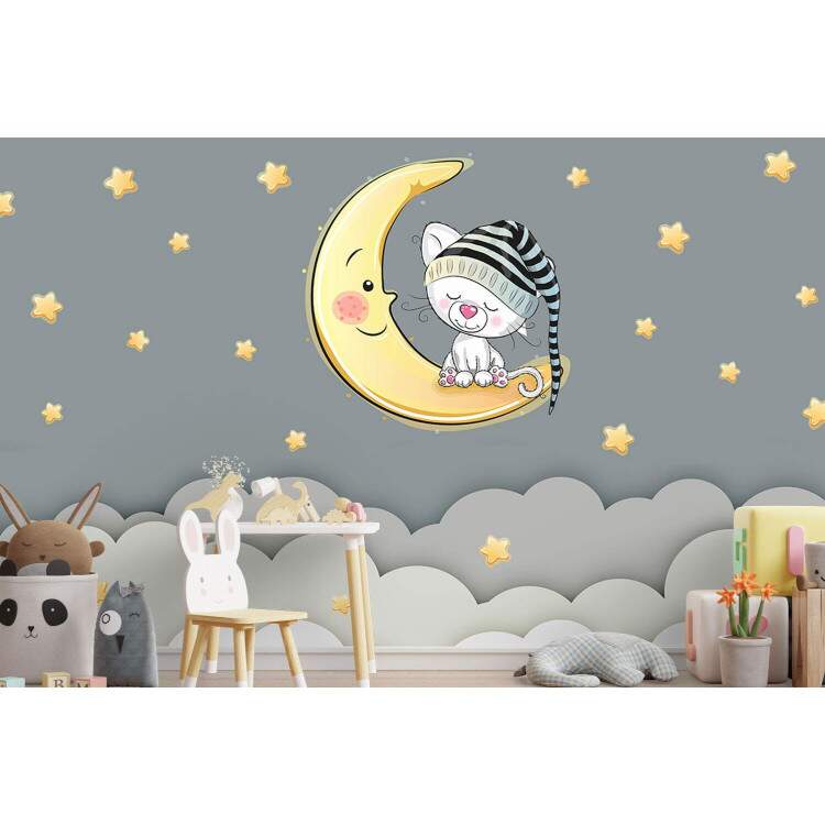 Papel de Parede Gatinho na Lua Nuvens e Estrelas MP