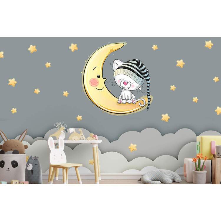 Foto Mural Gatinho na Lua Nuvens e Estrelas