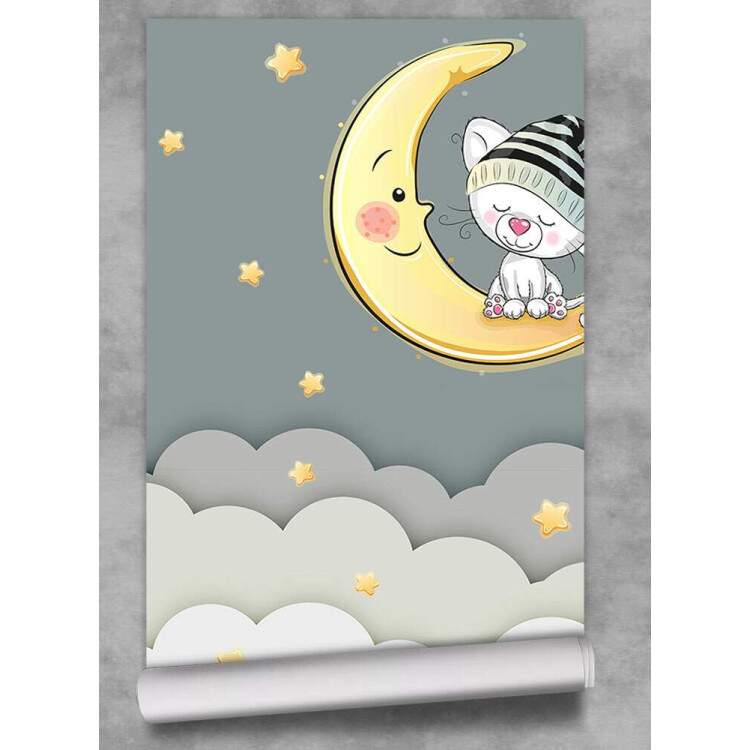 Papel de Parede Gatinho na Lua Nuvens e Estrelas MP