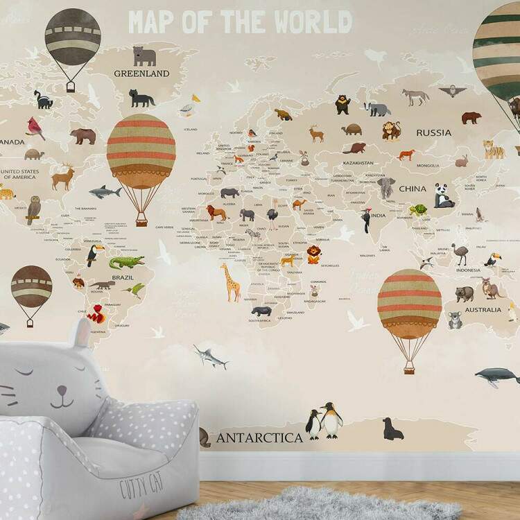 Papel de Parede Mapa-Mundi Bege e Branco MP