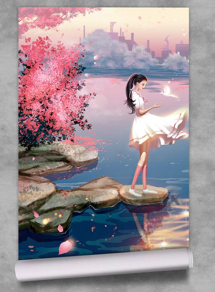 Papel de Parede Menina no Rio com P�r-do-Sol no Fundo MP