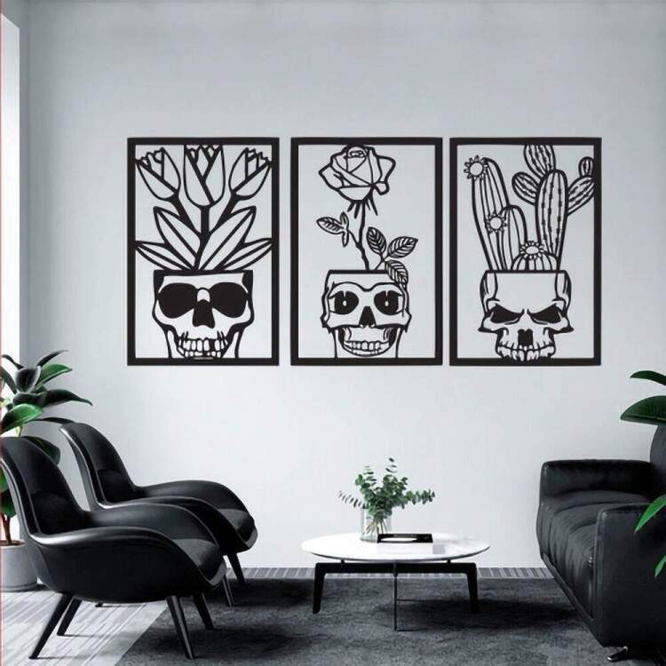 Quadro Decorativo Vazado Caveiras com Plantas