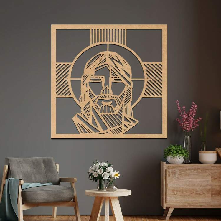 Quadro Decorativo Vazado Quadrado Jesus Cristo Cruz no Fundo