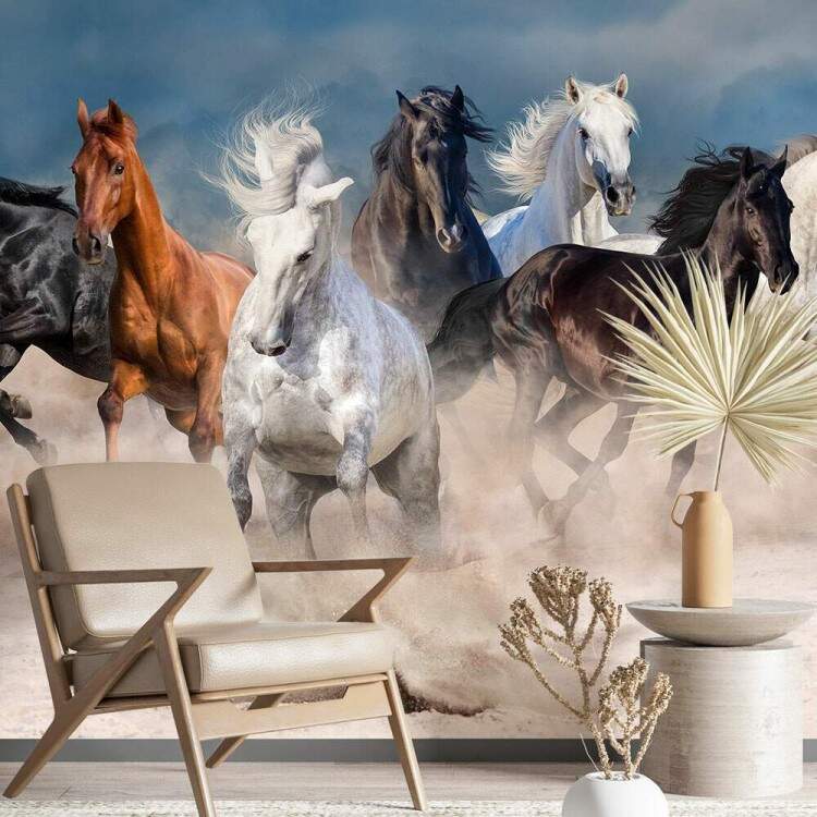 Papel de Parede Paisagem de Cavalos Fundo Azul MP