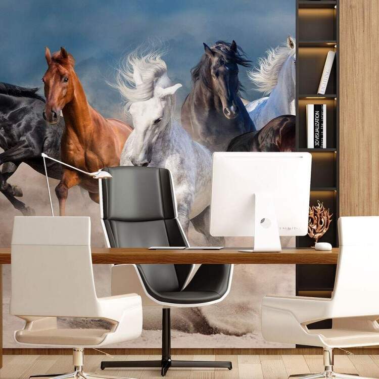 Papel de Parede Paisagem de Cavalos Fundo Azul MP
