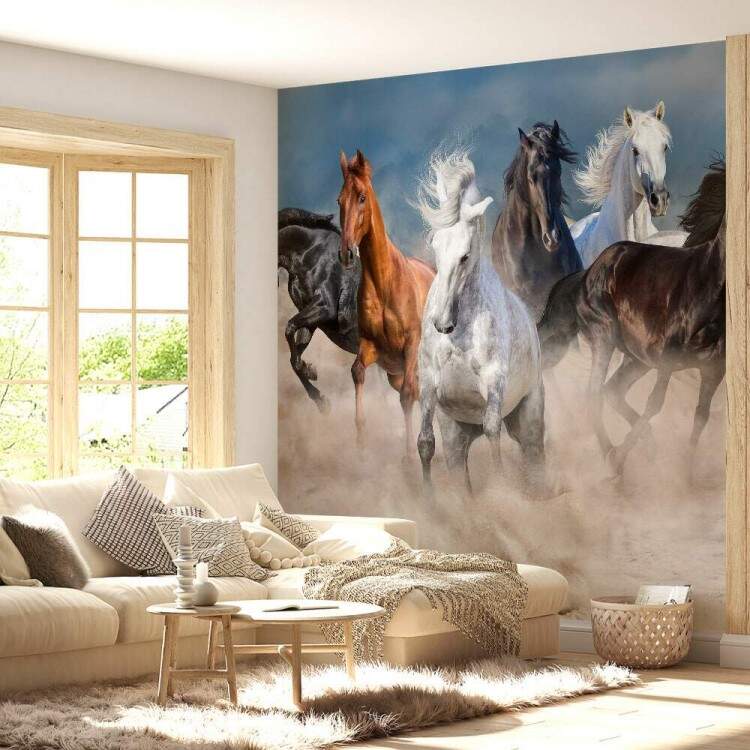 Papel de Parede Paisagem de Cavalos Fundo Azul MP