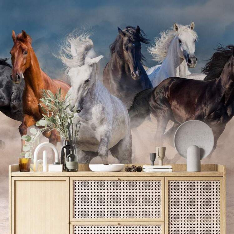 Papel de Parede Paisagem de Cavalos Fundo Azul MP
