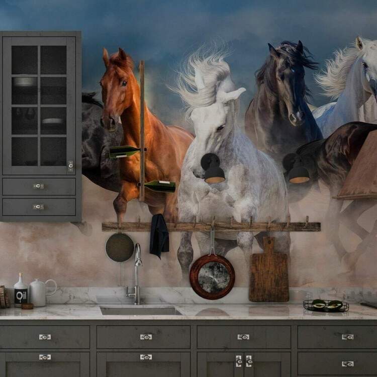 Papel de Parede Paisagem de Cavalos Fundo Azul MP