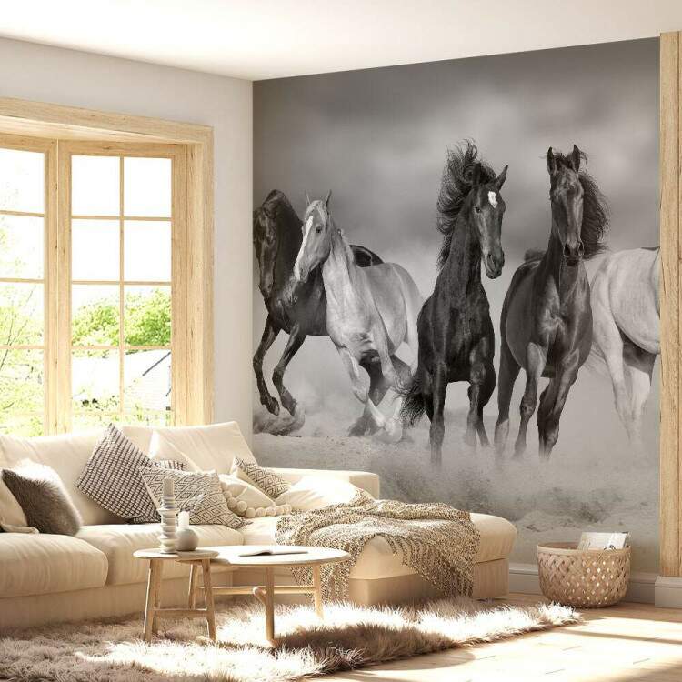 Papel de Parede Paisagem de Cavalos Preto e Branco MP