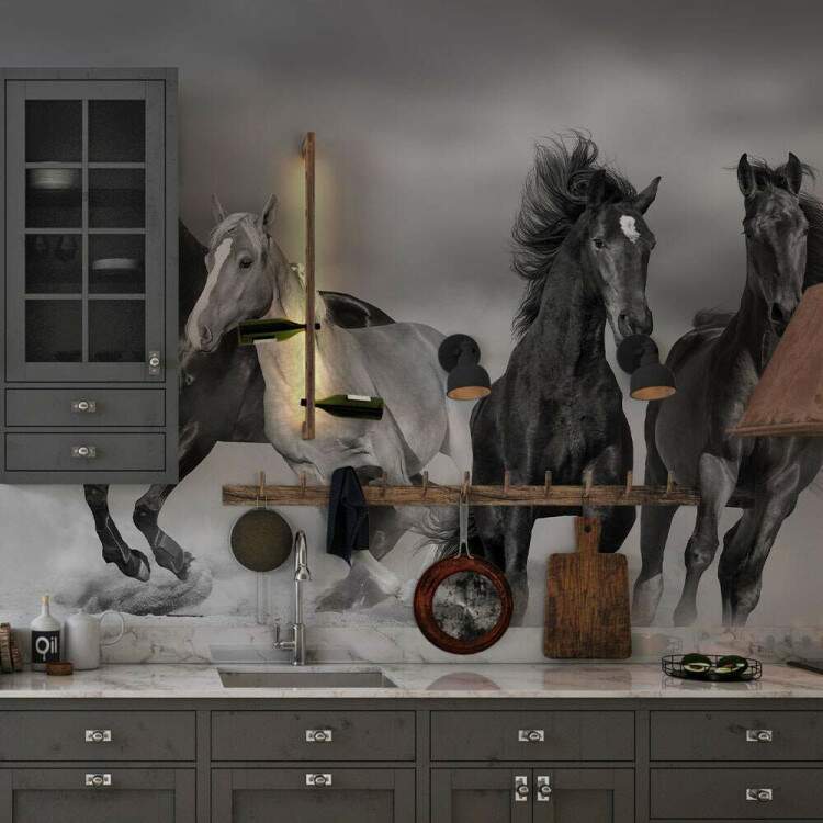 Papel de Parede Paisagem de Cavalos Preto e Branco MP