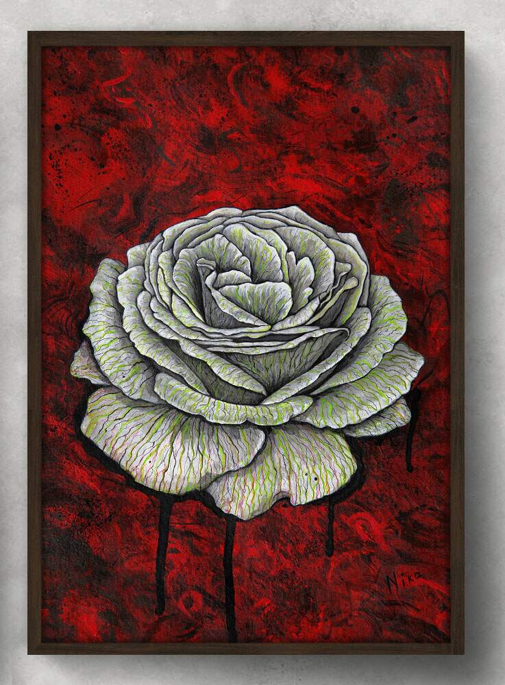 Quadro Decorativo Abstrato Floral com Fundo Vermelho