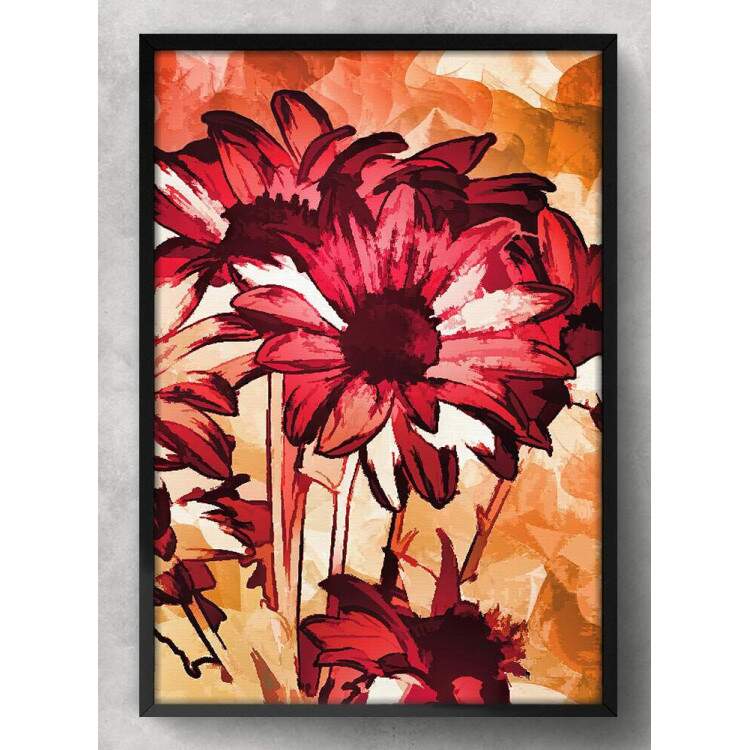 Quadro Decorativo Pintura Floral Vermelha e Laranja