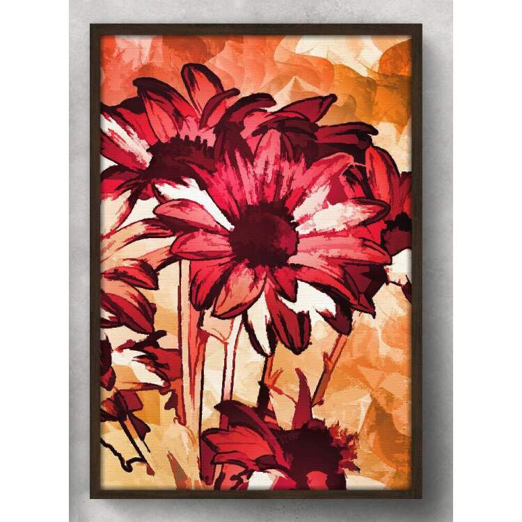 Quadro Decorativo Pintura Floral Vermelha e Laranja