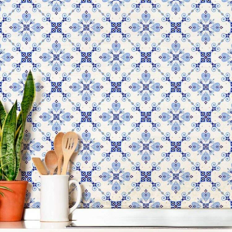 Papel de Parede Estilo Azulejo Azul Claro e Branco