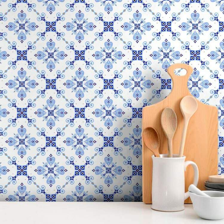 Papel de Parede Estilo Azulejo Azul Claro e Branco