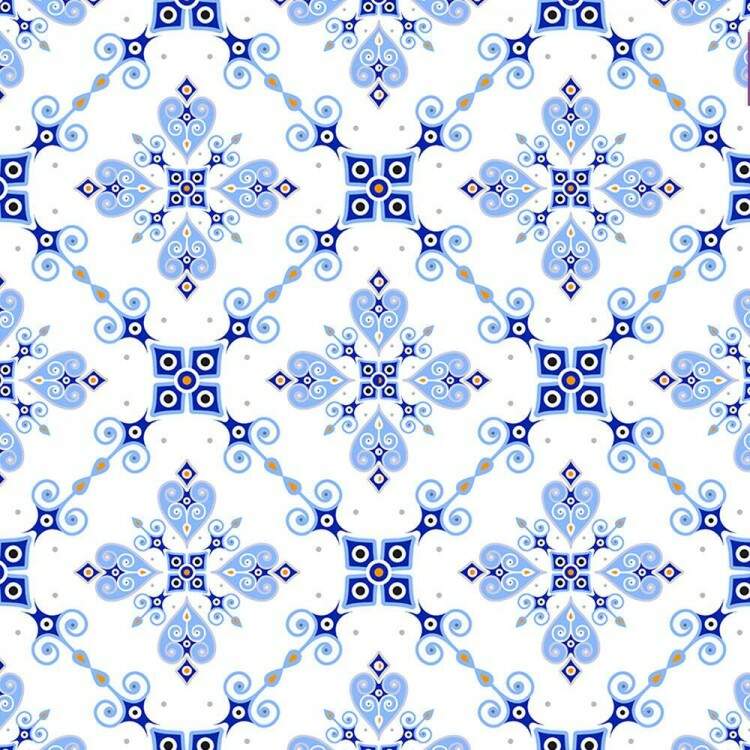 Papel de Parede Estilo Azulejo Azul Claro e Branco