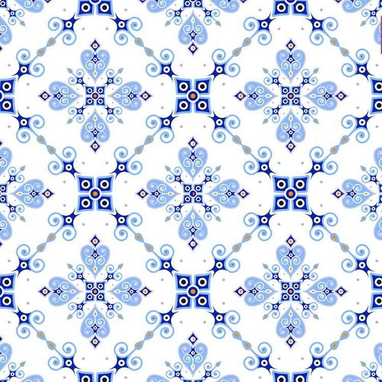 Papel de Parede Estilo Azulejo Azul Claro e Branco