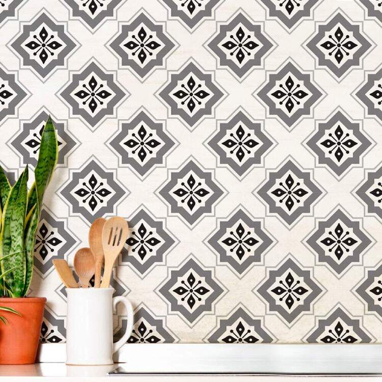 Papel de Parede Estilo Azulejo Branco, Cinza e Preto