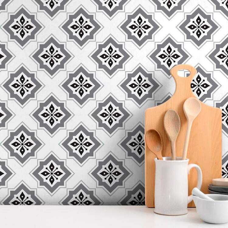 Papel de Parede Estilo Azulejo Branco, Cinza e Preto