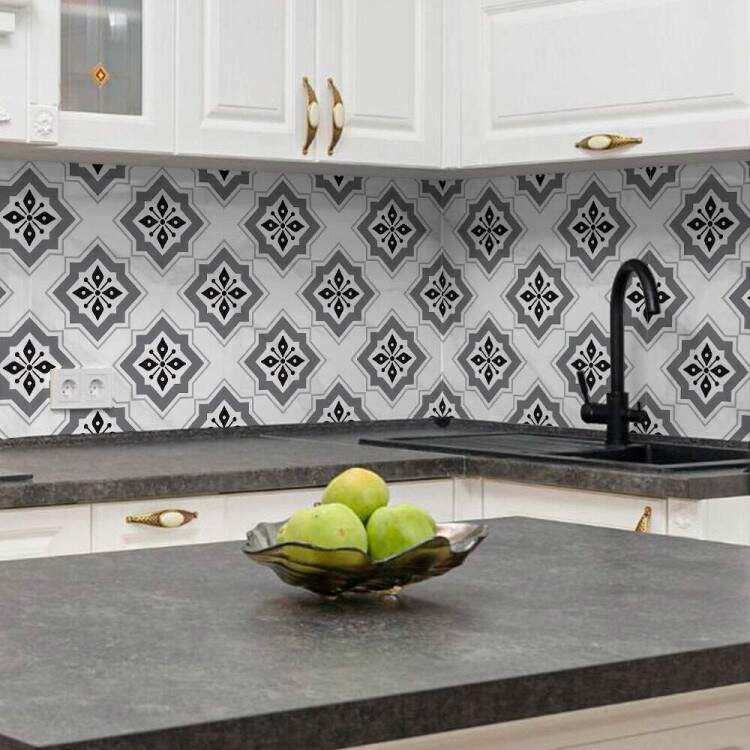 Papel de Parede Estilo Azulejo Branco, Cinza e Preto