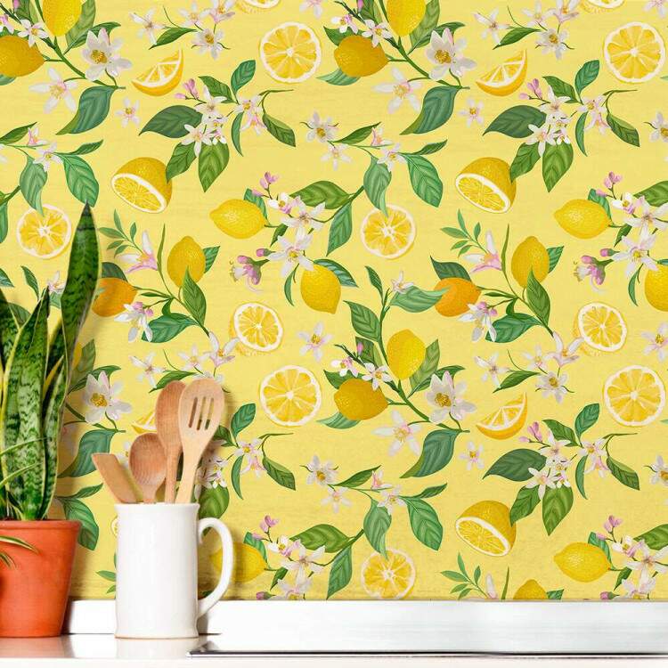 Papel de Parede Cozinha Limo com Flores Fundo Amarelo