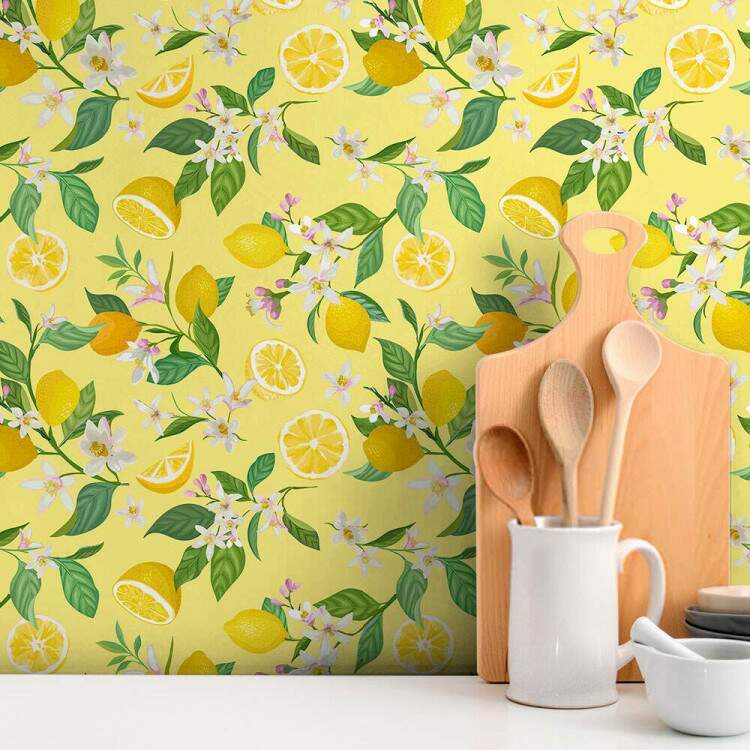 Papel de Parede Cozinha Limo com Flores Fundo Amarelo