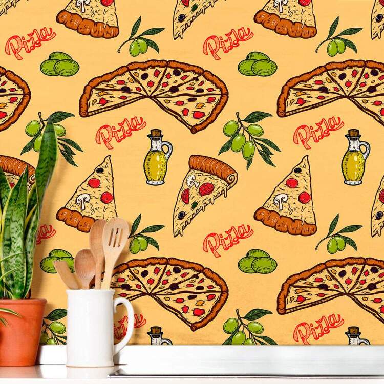 Papel de Parede Cozinha Fast Food Pizza Fundo Amarelo