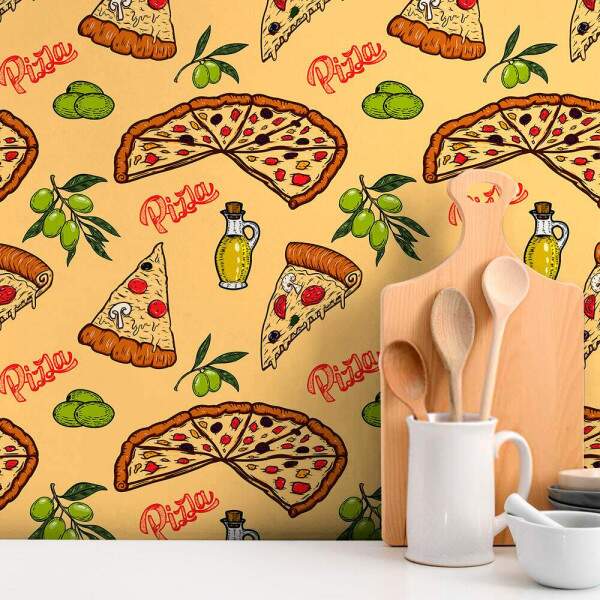 Papel de Parede Cozinha Fast Food Pizza Fundo Amarelo