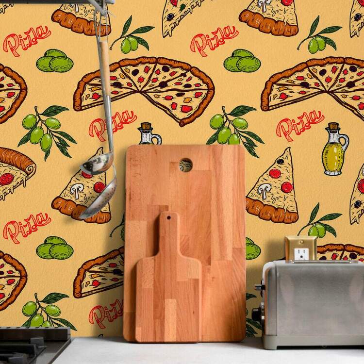 Papel de Parede Cozinha Fast Food Pizza Fundo Amarelo