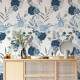 Papel de Parede Floral Rosa Azul com Fundo Escuro