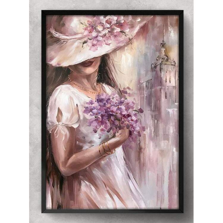 Quadro Decorativo Collage Flowers Mulher de Chapu com Flores