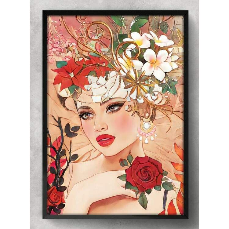 Quadro Decorativo Collage Flowers Desenho de Mulher com Flores na Cabea