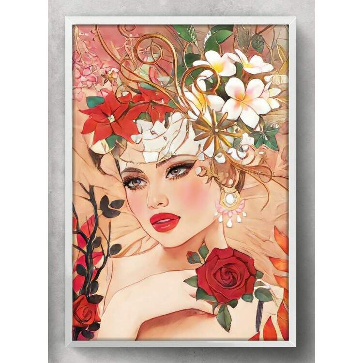 Quadro Decorativo Collage Flowers Desenho de Mulher com Flores na Cabea