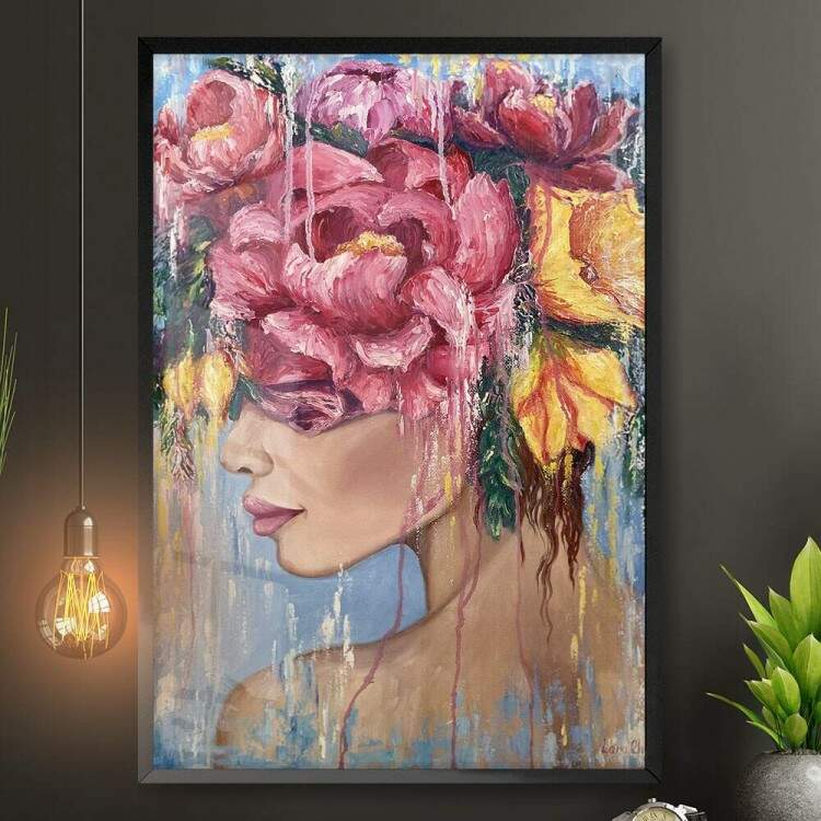 Quadro Decorativo Collage Flowers Pintura de Mulher com Flores na Cabea