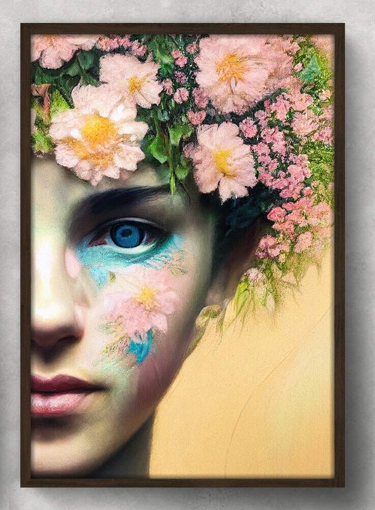 Quadro Decorativo Collage Flowers Mulher com Rosto Pintado e Flores na Cabe�a