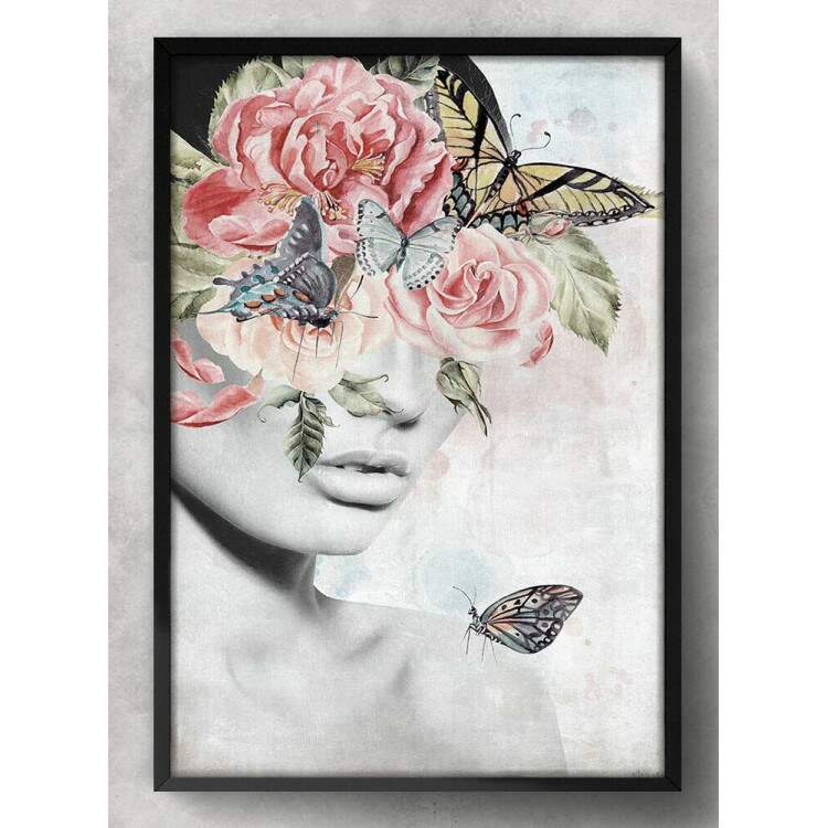 Quadro Decorativo Collage Flowers Mulher com Olhos Tampados Por Flores e Borboletas