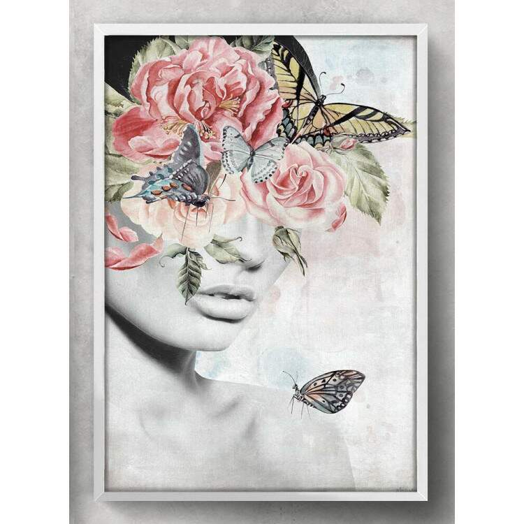 Quadro Decorativo Collage Flowers Mulher com Olhos Tampados Por Flores e Borboletas