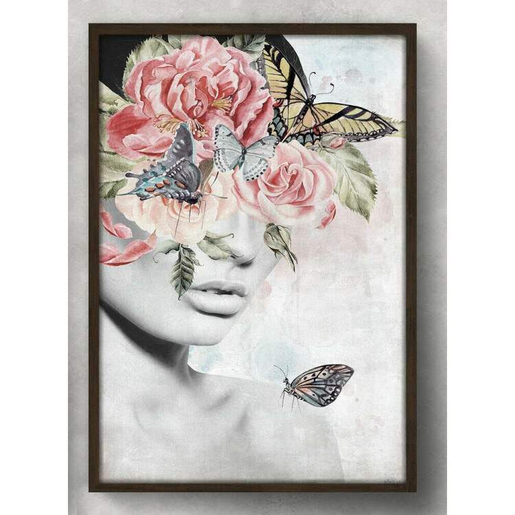 Quadro Decorativo Collage Flowers Mulher com Olhos Tampados Por Flores e Borboletas